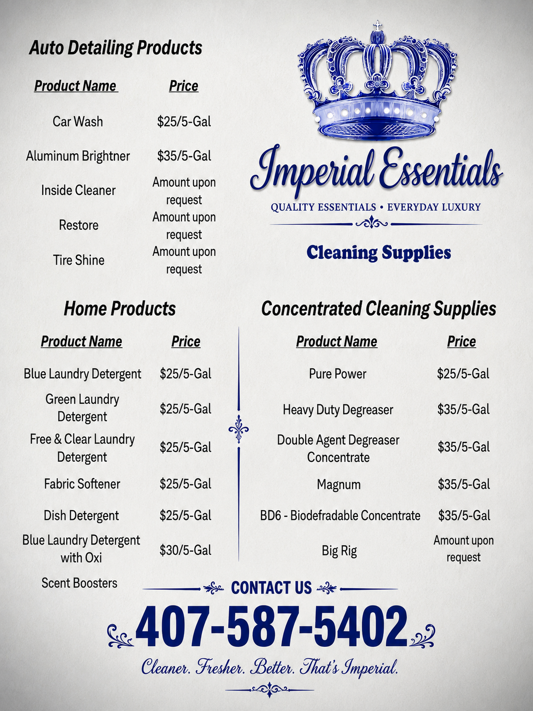 Imperial Essentials cleaning supplies price sheet with home, concentrated and auto detailing products